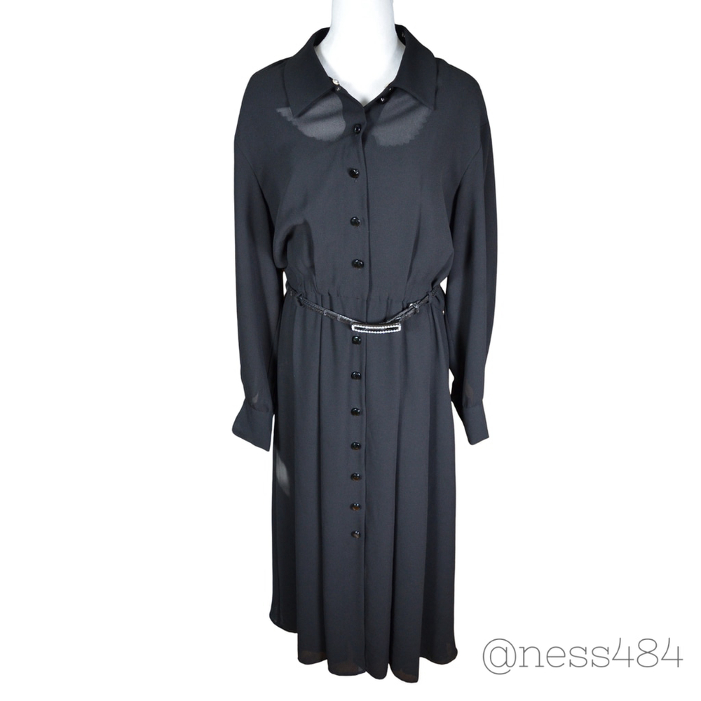 Liz Claiborne VINTAGE Black Sheer Button Front Belted Shirt Dress‎ Maxi Size 12
